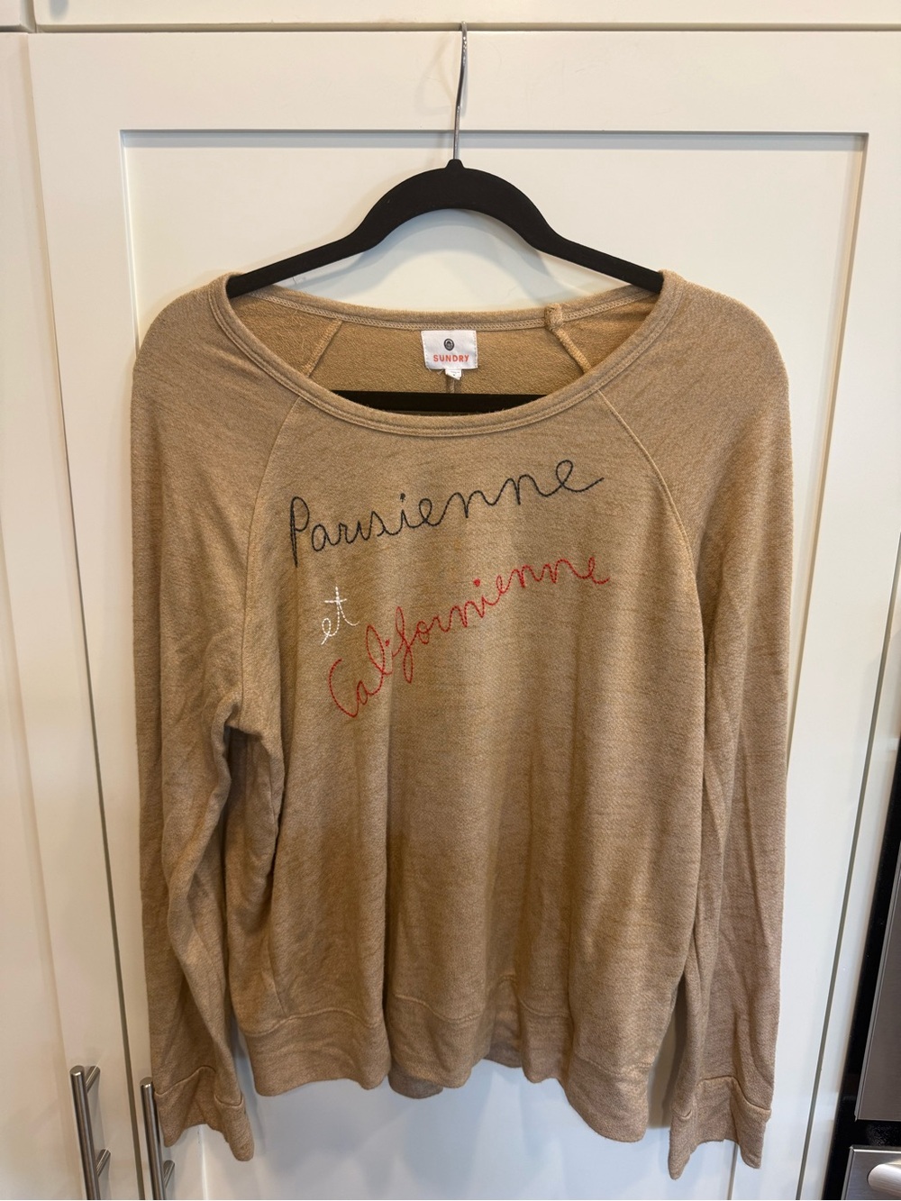 Sundry Tan Crewneck Sweater with Script Embroidery